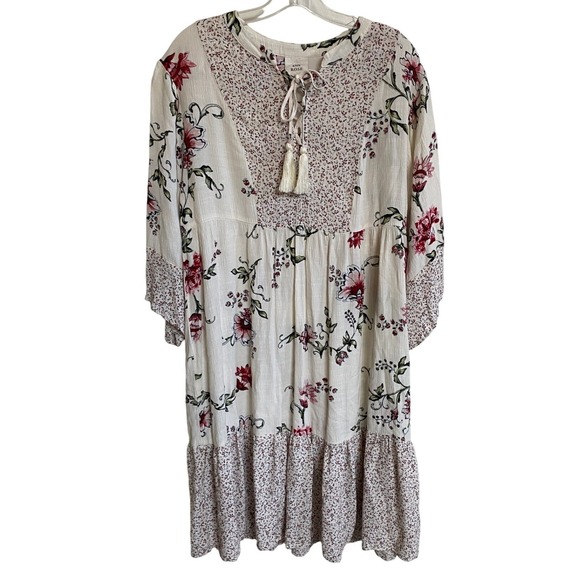 Knox Rose Tie Neck Floral Boho Mini Dress - L EUC - Picture 1 of 11